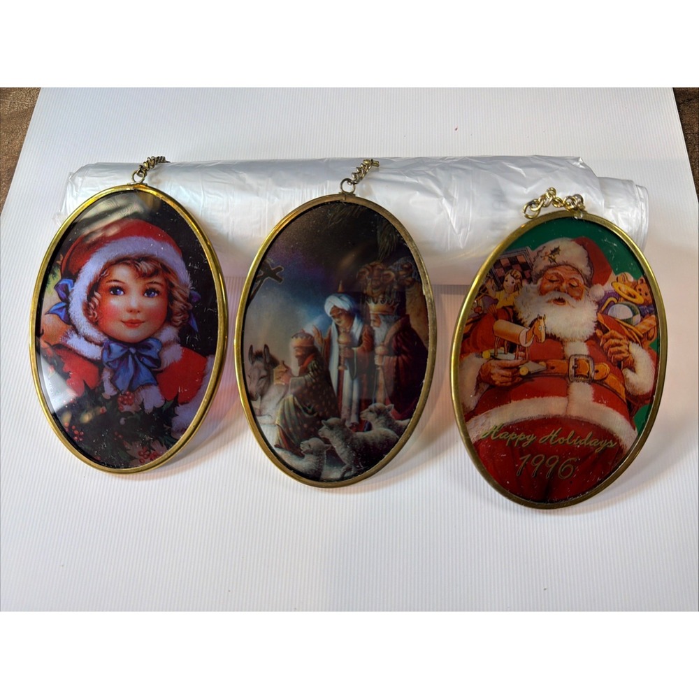 ENESCO 3 Ornaments Suncatcher  1996 Santa Wisemen Girl Glass Brass Oval Vintage